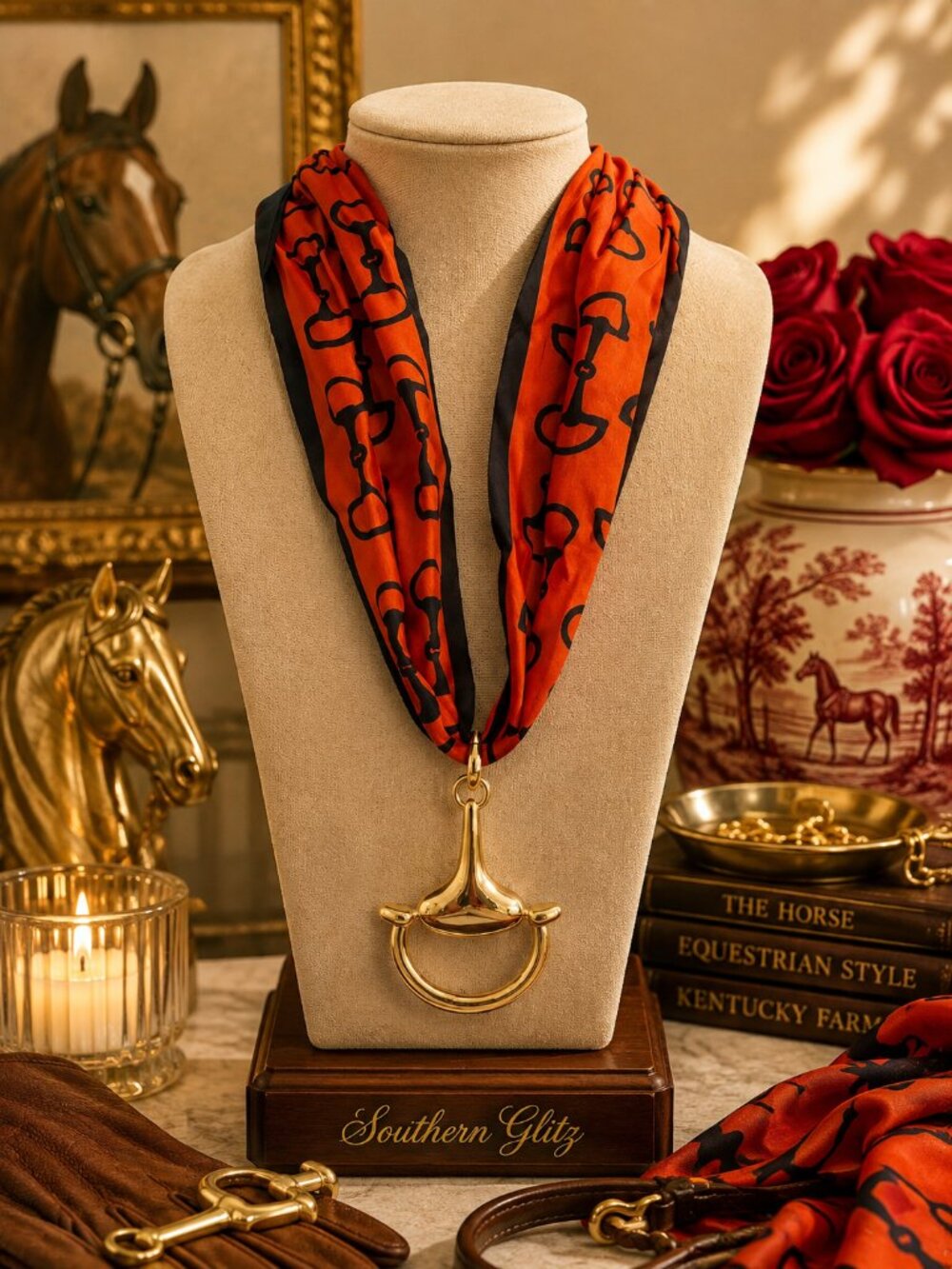 Red & Black Equestrian Scarf Necklace, Gold Horse Bit Pendant, Horse Lover Jewel